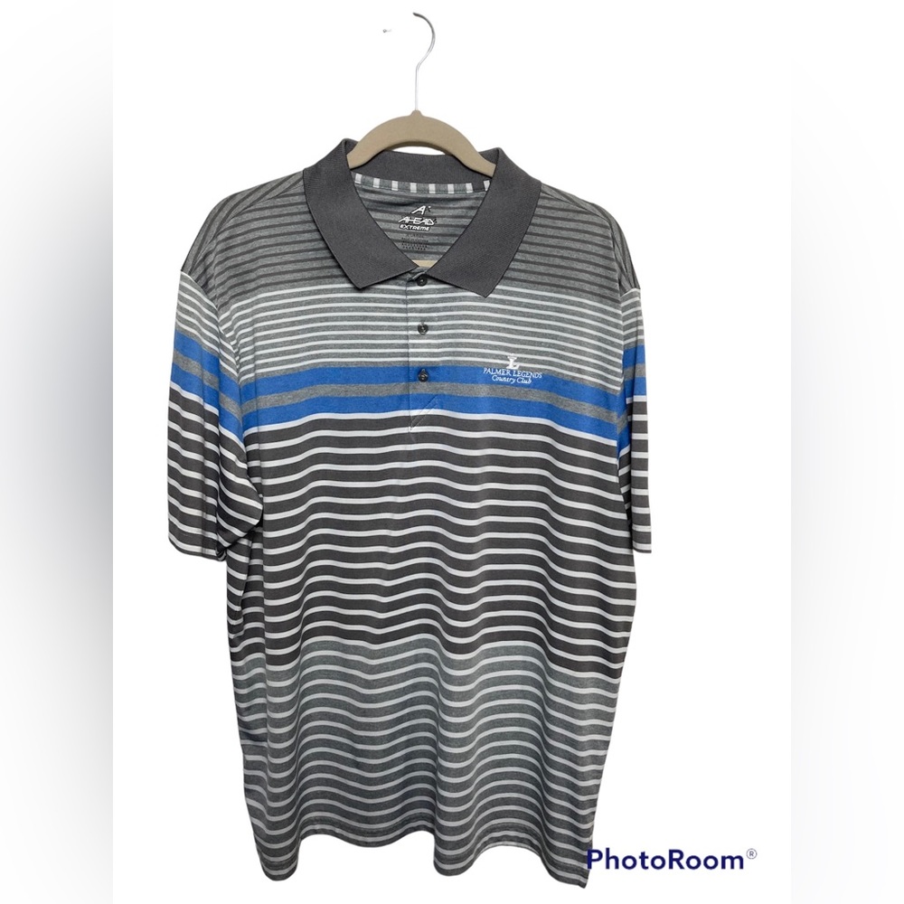 Ahead Extreme gray and blue striped short sleeve golf polo. Palmer Legends. XL